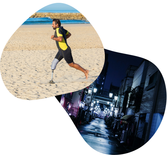 Photo d'un homme ayant une prothèse de jambe courant sur la plage dans un blob et image d'une rue de nuit dans un blob également